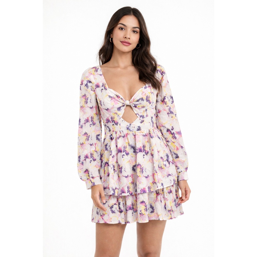NWT Lait Floral Mini Dress Small‎ Tie Front  White Pink Purple Ruffle V Neck
